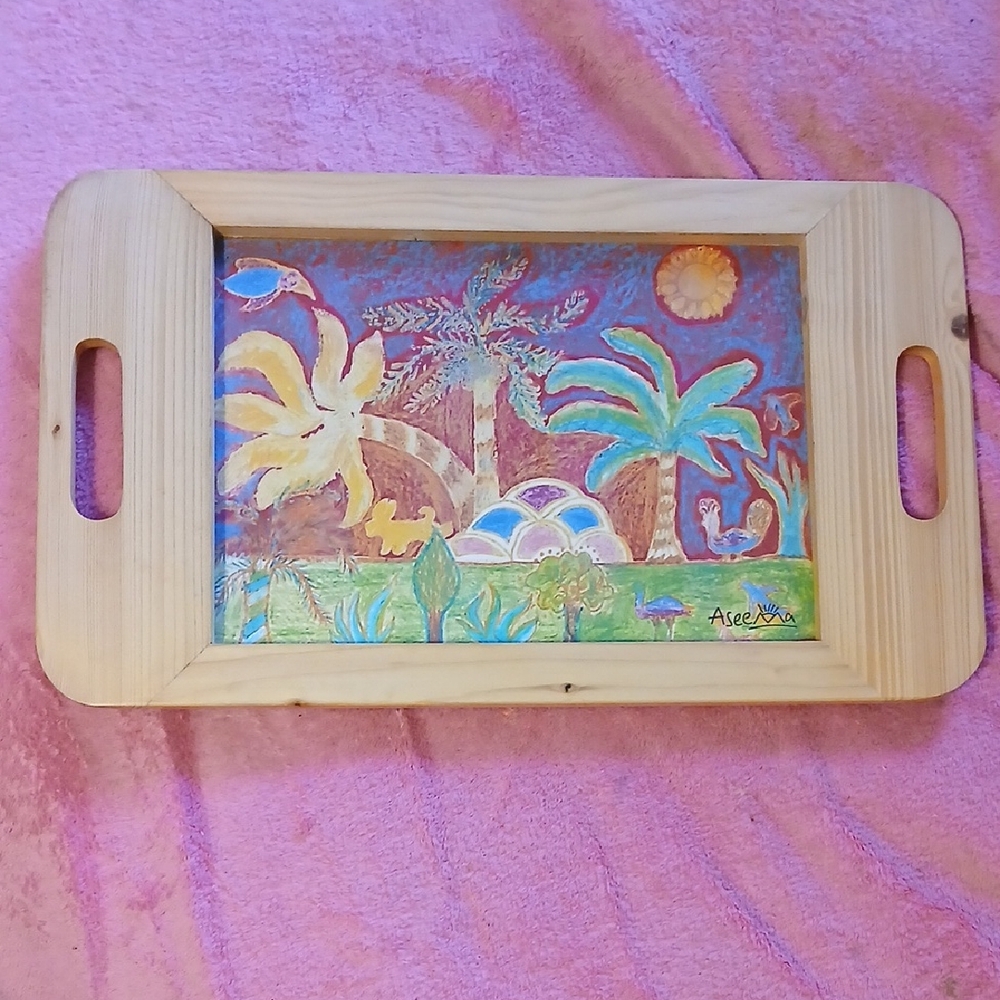 Hand-Painted Tropical Wooden Serving Tray - Colorful Palm Scene
